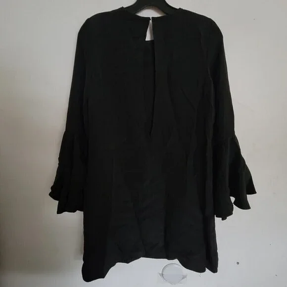 Alexis Black 100% Silk Long 3/4 Sleeve Bell Sleeve Mini Shift Dress Size XS